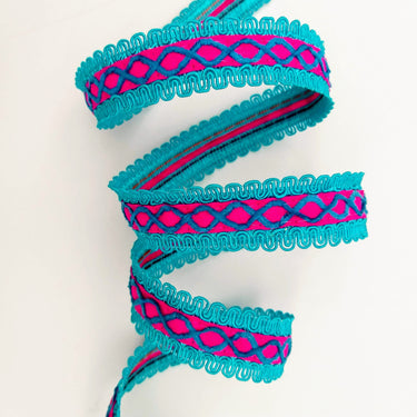 Fuchsia Pink Cotton Fabric Lace Trim with Blue Thread Embroidery, Trim By 3 Yards, Craft Decorative Ribbon